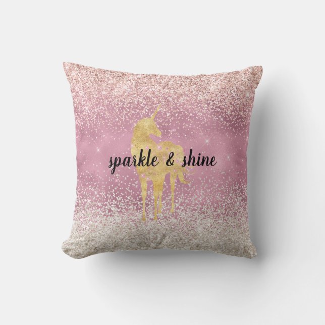 Pink Gold Glitzy Glitter Unicorn Cushion (Front)