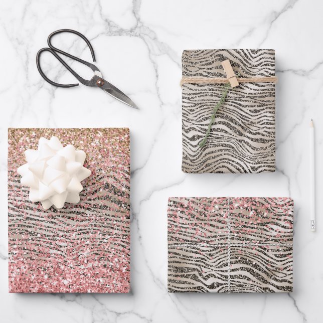 Pink Gold Glitzy Glitter Zebra Print Wrapping Paper Sheet (Front)