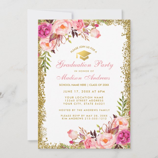 Pink Gold Graduation Party Glitter Invitation (Front)