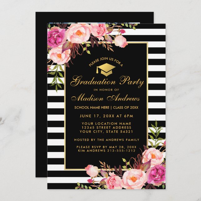 Pink Gold Graduation Striped Invite - Photo Back (Front/Back)