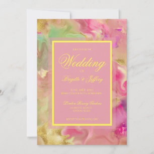 Pink, gold, green ink wedding invitations