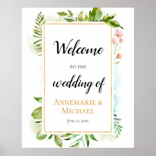 Pink Gold Green "Welcome To The Wedding Of" Sign