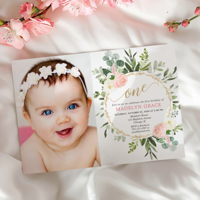 Pink gold greenery elegant girl 1st birthday photo invitation (Creator Uploaded)