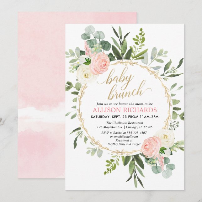 Pink gold greenery elegant girl baby brunch invitation (Front/Back)