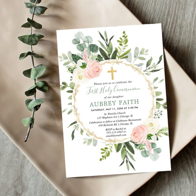 Pink gold greenery eucalyptus First Holy Communion Invitation (Creator Uploaded)