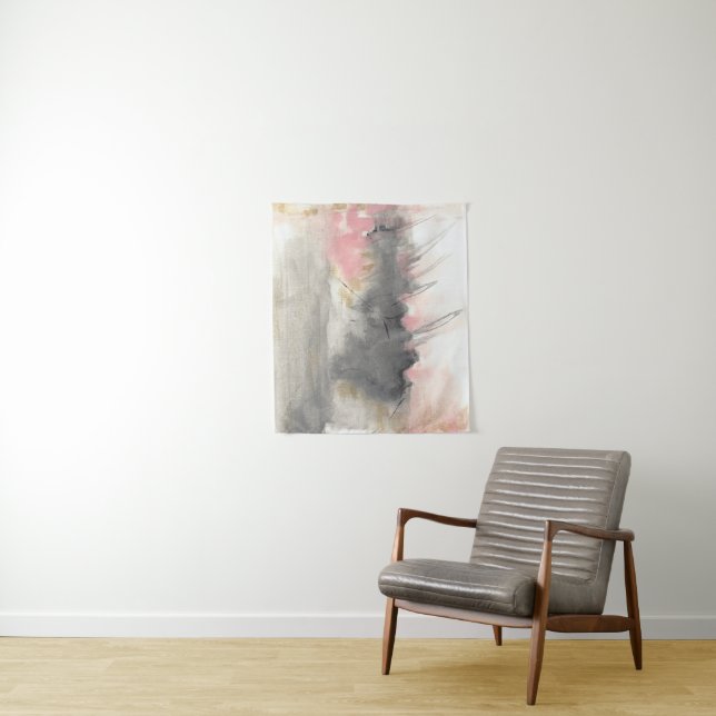Pink Gold Grey Abstract Modern Painted Art Tapestry (In Situ)