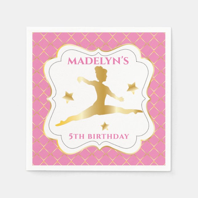 Pink | Gold Gymnast Gymnastics Girl Birthday Party Napkin (Front)
