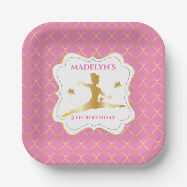 Pink | Gold Gymnast Gymnastics Girl Birthday Party Paper Plate (Front)