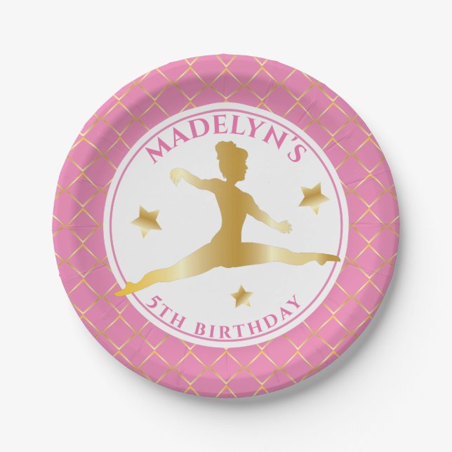 Pink | Gold Gymnast Gymnastics Girl Birthday Party Paper Plate (Front)