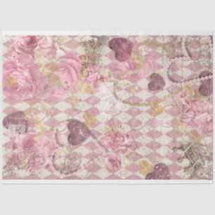 Pink Gold Harlequin Hearts Crowns Floral Decoupage Tissue Paper