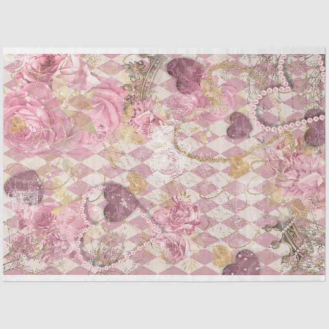 Pink Gold Harlequin Hearts Crowns Floral Decoupage Tissue Paper (Front)