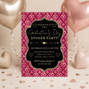 Pink & Gold Heart Damask Galentine's Dinner Party Invitation