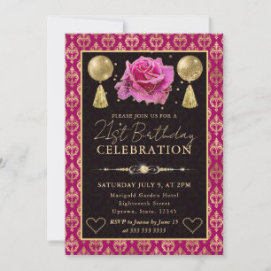 Pink & Gold Heart Damask & Rose 21st Birthday Invitation