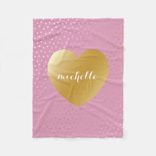 Pink Gold Heart Dots Pattern Custom Monogram Fleece Blanket (Front)