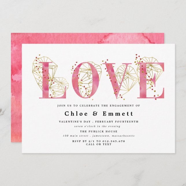 Pink Gold Heart Geometric Engagement Party Invitation (Front/Back)