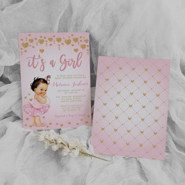 Pink Gold Heart Girl Tutu Baby Shower Invitation (Creator Uploaded)