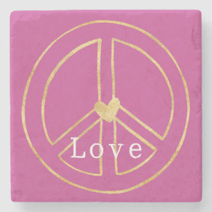 Pink Gold Heart Peace Sign Love Valentine's Day Stone Coaster