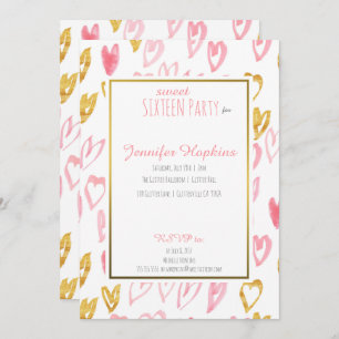 Pink & Gold Hearts Party Invitations