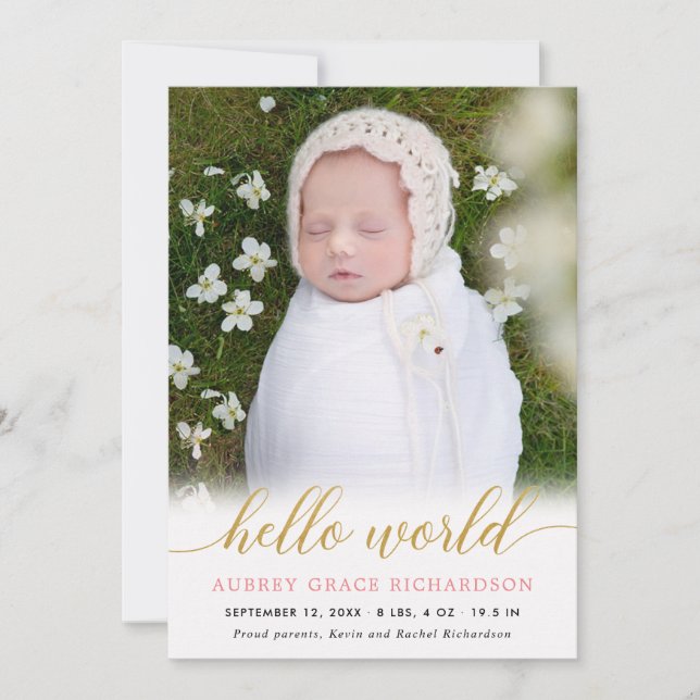 Pink gold hello world baby girl announcement (Front)