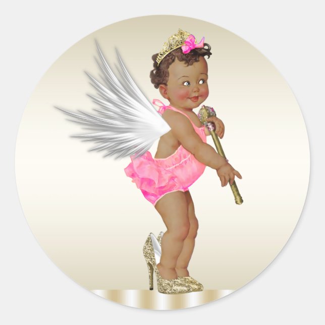 Pink Gold High Heel Angel Girls Ethnic Baby Shower Classic Round Sticker (Front)