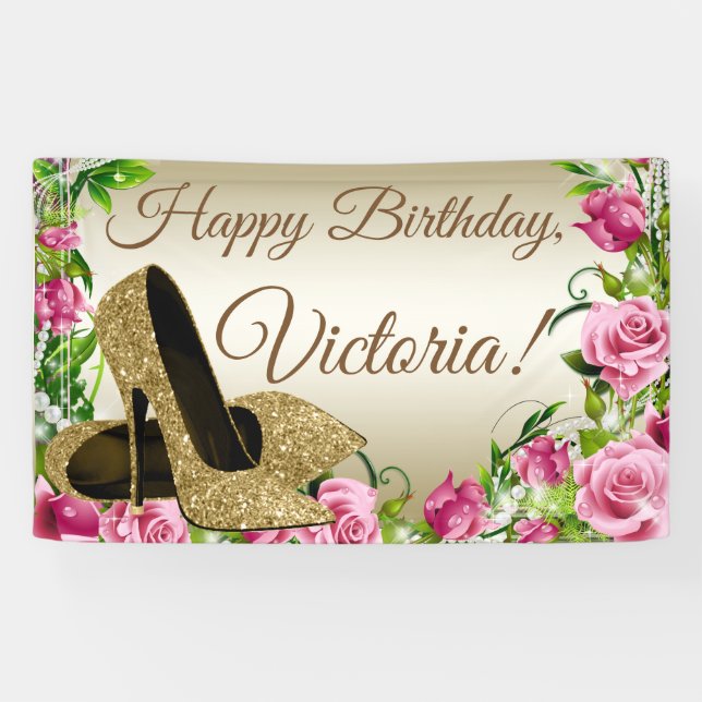 Pink Gold High Heel Shoe Birthday Party Banner (Horizontal)