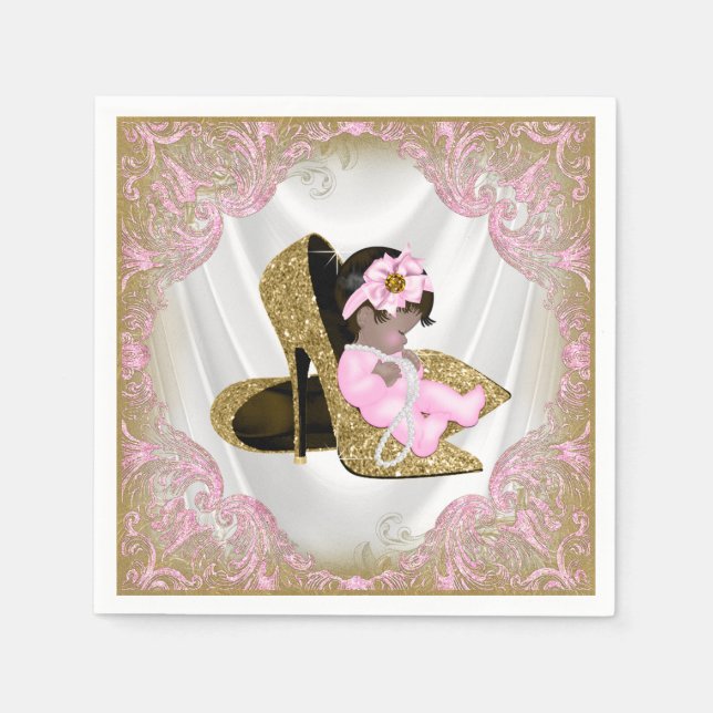 Pink Gold High Heel Shoe Ethnic Girl Baby Shower Napkin (Front)