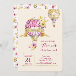 Pink+Gold Hot Air Balloon Birthday Invitation