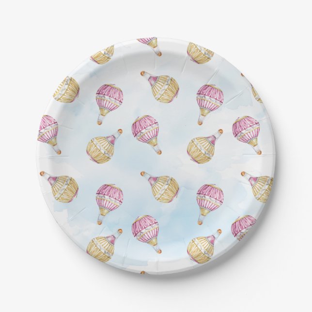 Pink Gold Hot Air Balloons Baby Shower Paper Plate (Front)