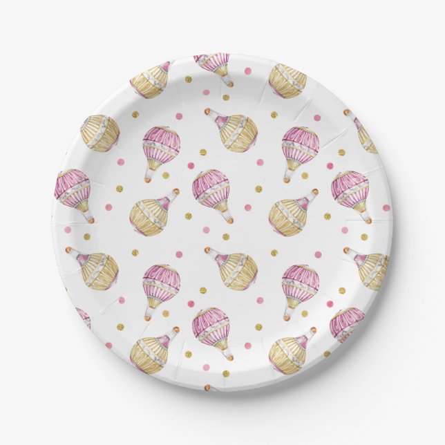 Pink Gold Hot Air Balloons Baby Shower Paper Plate (Front)