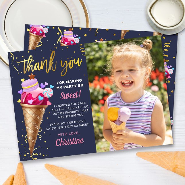 Pink Gold Ice Cream Birthday Navy Blue Photo Thank You Card (Creator Uploaded)