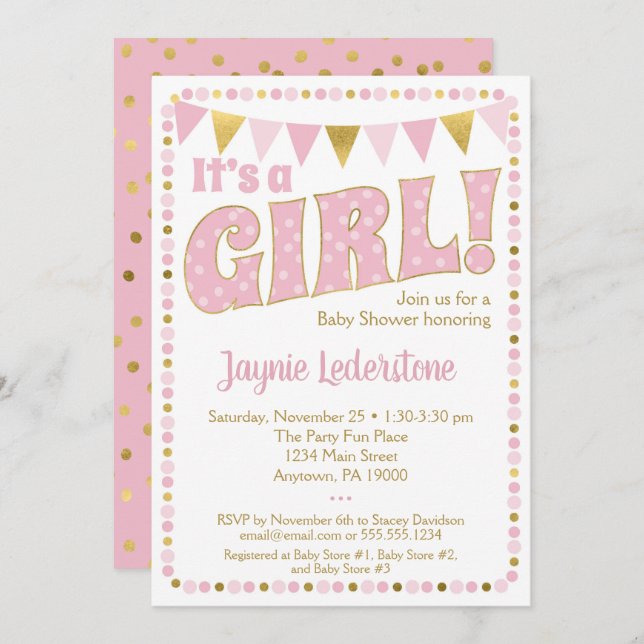 Pink Gold It's A Girl Baby Shower Invitation Dots (Front/Back)