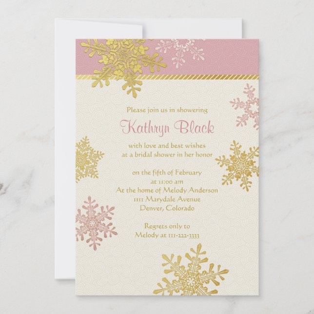 Pink Gold Ivory Snowflake Winter Bridal Shower Invitation (Front)