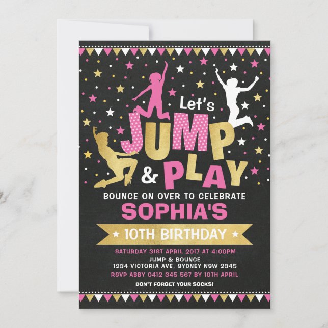 Pink Gold Jump Birthday Trampoline Bounce House Invitation (Front)