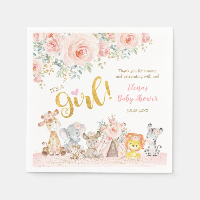 Pink Gold Jungle Safari Animals Baby Shower Napkin (Front)