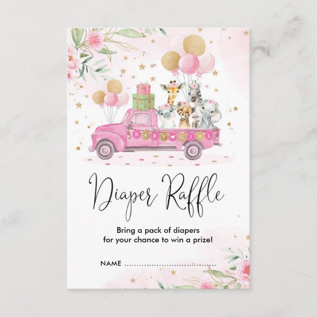 Pink Gold Jungle Safari Animals Diaper Raffle Enclosure Card (Front)