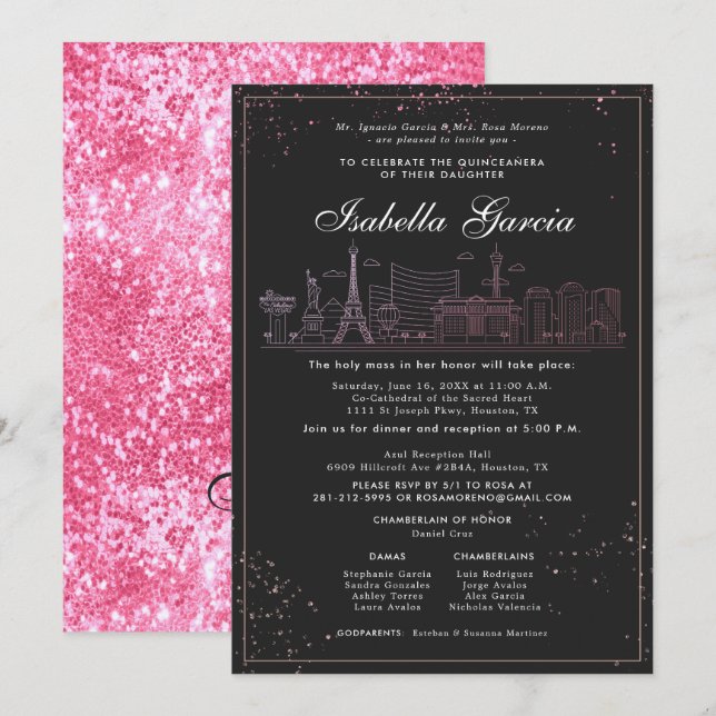 Pink Gold Las Vegas Quinceañera Birthday Invitation (Front/Back)