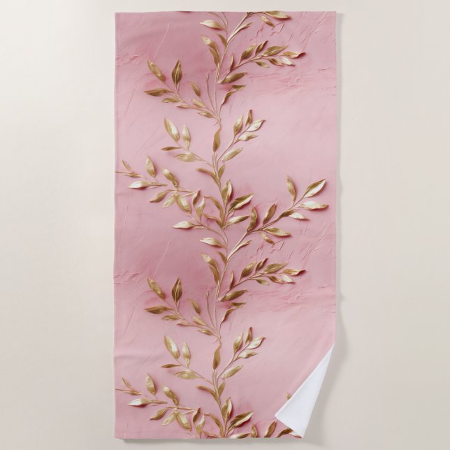 Pink Gold Leaves Beach Towel (Front)