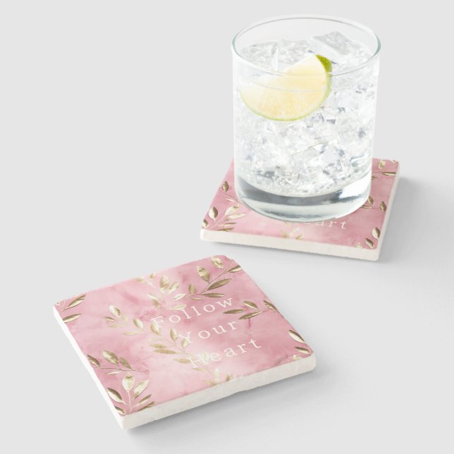 Pink Gold Leaves Stone Coaster (Side)