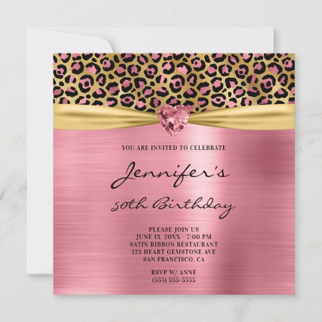 Pink Gold Leopard Foil Gem Heart 50th Birthday Invitation (Front)