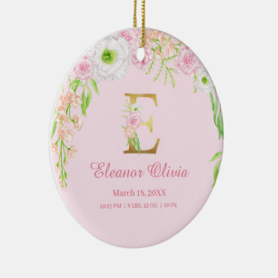 Pink & Gold Letter "E" Floral Monogram Birth Stats Ceramic Tree Decoration