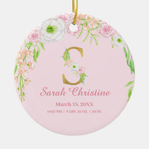 Pink & Gold Letter "S" Floral Monogram Birth Stats Ceramic Tree Decoration