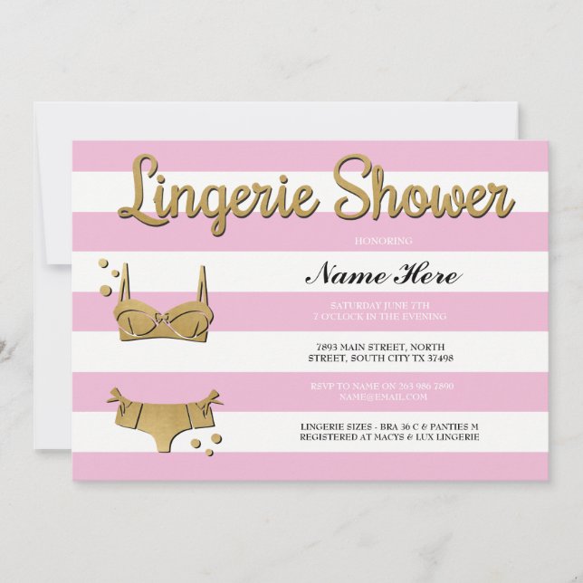 Pink Gold Lingerie Shower Stripe Invitation (Front)