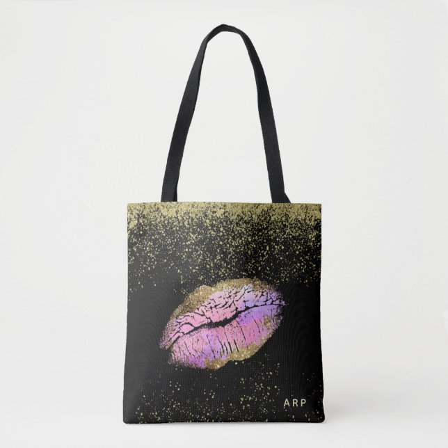*~* Pink Gold Lips Gold Glitter Black Tote Bag (Front)