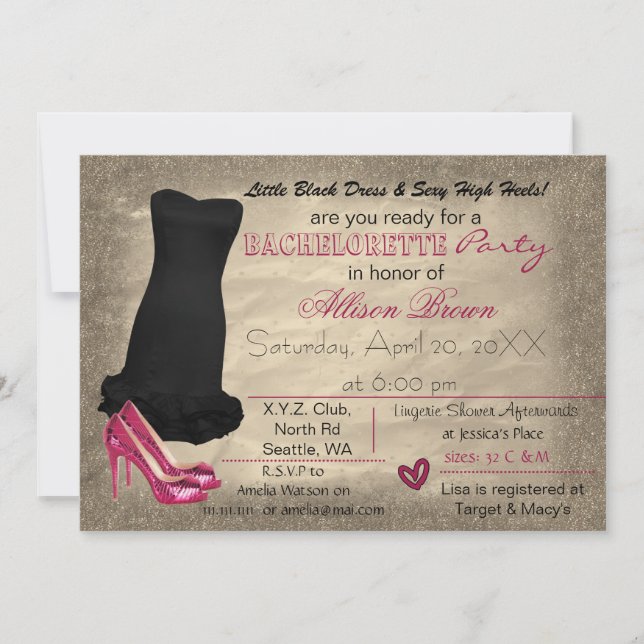 Pink Gold Little Black Dress bachelorette invite (Front)