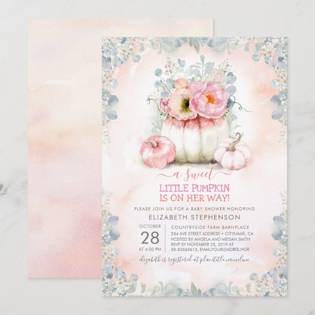 Pink Gold Little Pumpkin Cute Elegant Baby Shower Invitation (Front/Back)