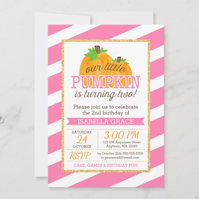 Pink Gold Little Pumpkin Girl 2nd Birthday Invitation (Front)