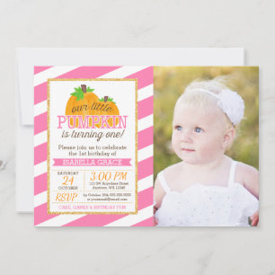Pink Gold Little Pumpkin Girl First Birthday Photo Invitation