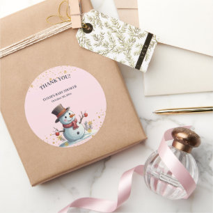  Pink & Gold Little Snowflakes Snowman Baby Shower Classic Round Sticker