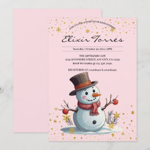 Pink & Gold Little Snowflakes Snowman Baby Shower Invitation