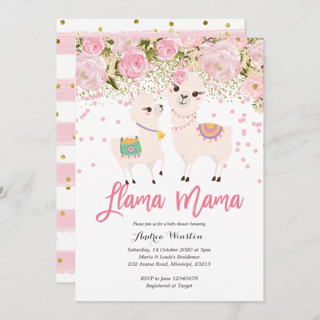 Pink Gold Llama Mama Baby Shower Invitation (Front/Back)